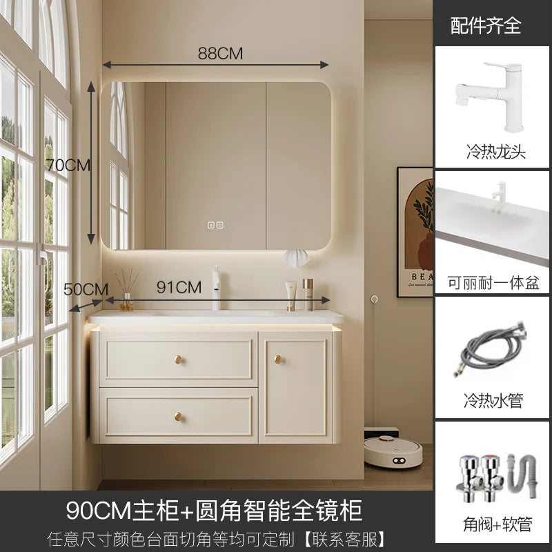 Modern Bathroom Cabinet Corian Integrated Ceramic Basin Oak Painted Cabinet French Premium Toilet Hand Wash Basin Combination