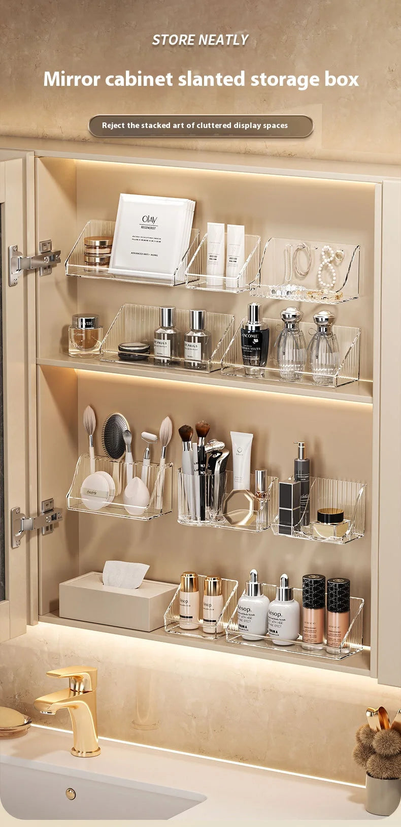 Mirror cabinet storage box bathroom cabinet wall mounted transparent slanted shelf cosmetics lipstick jewelry sorting box