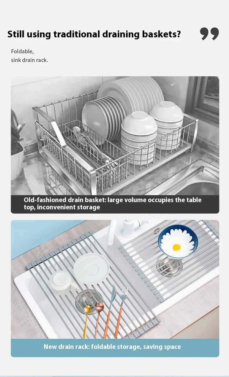 ZEXEF Roll Up Dish Drainer Shelf Stainless Steel Sink Drying Holder Foldable Food Rack Vegetable Washing Stand Kitchen Organizer