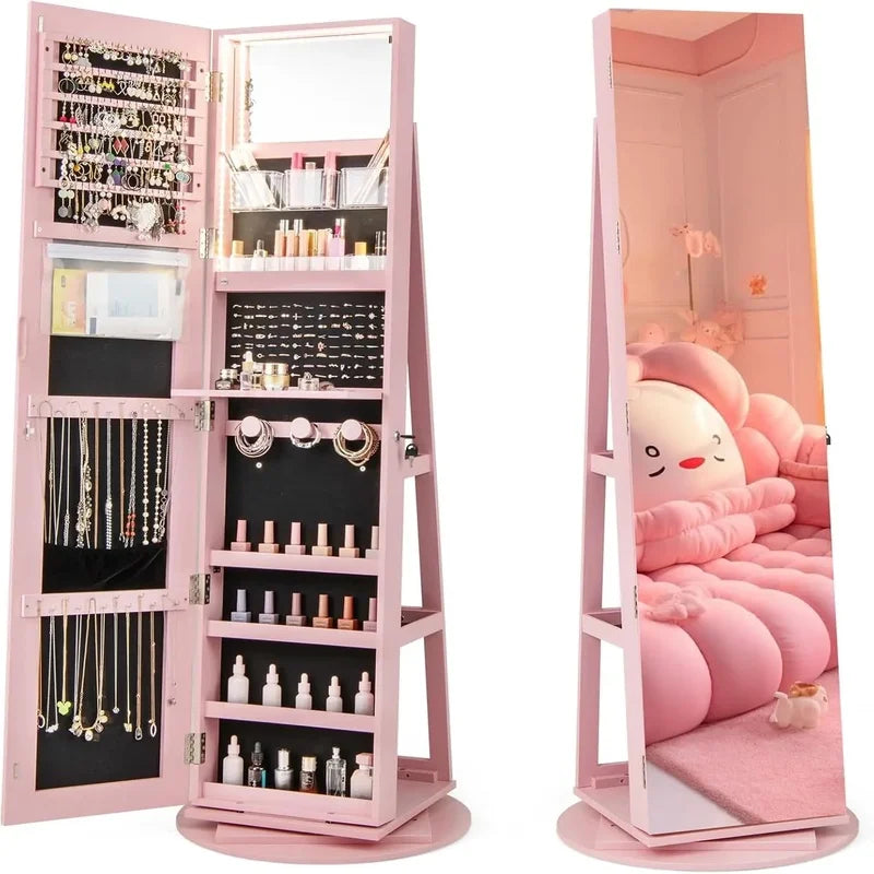 Jewelry Armoire with Full Length Mirror, 63.5" H, 360° Swivel, Rear Storage Shelves