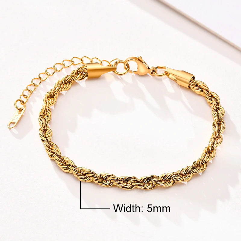 Vnox Unisex Rope Chain Bracelets for Men Women, Stainless Steel Twisted Links Chain Bracelet,Simple Classic Jewelry Gift for Him