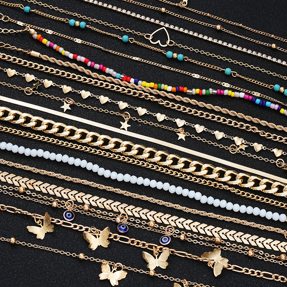 23Pcs Bohemian Summer Beach Anklet Set For Women Vintage Butterfly Heart Crystal Pendant Foot Bracelets Fashion Jewelry Gift New