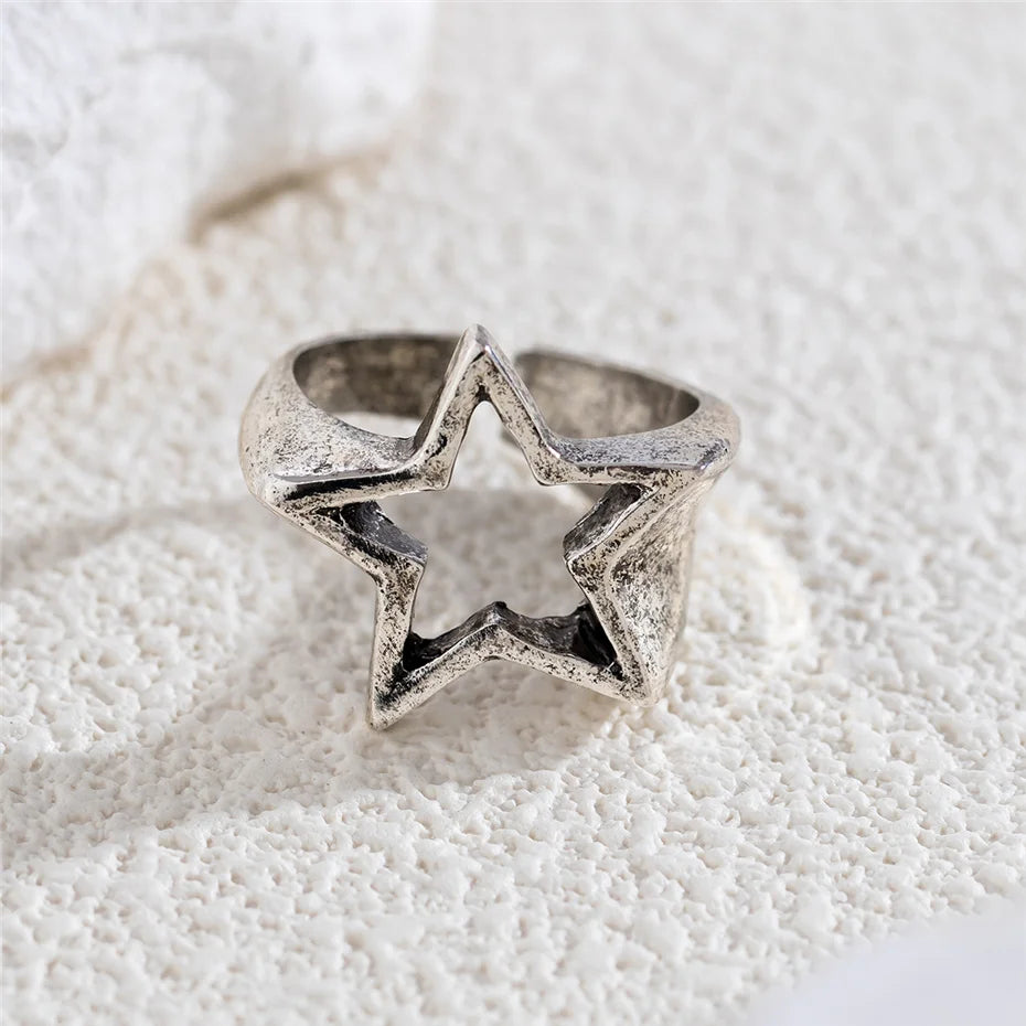 Vintage Punk Irregular Hollow Star Metal Open Rings for Women Fashion Statement Gothic Adjustable Couple Rings Y2K Wed Jewelry