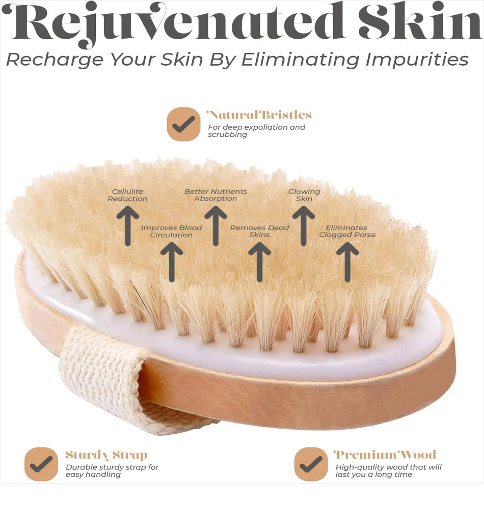 Wet and Dry Body Brush Exfoliator with Soft Bristles Body Scrub Brush for Cellulite and Lymphatic Bath Shower Skin Care Tool