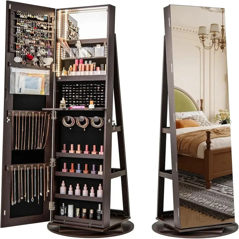 Jewelry Armoire with Full Length Mirror, 63.5" H, 360° Swivel, Rear Storage Shelves