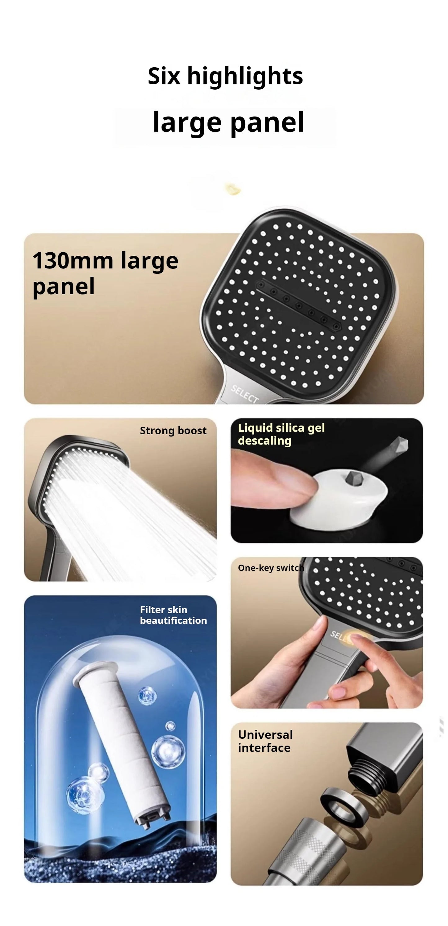 13CM Big Panel High Pressure Shower Head with Filter 3 Modes Large Flow Spray Rainfall Nozzle Square Bathroom ShowerHead
