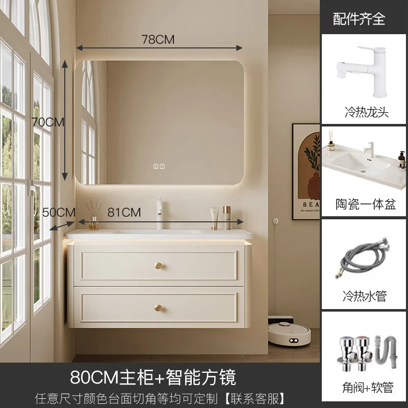 Modern Bathroom Cabinet Corian Integrated Ceramic Basin Oak Painted Cabinet French Premium Toilet Hand Wash Basin Combination