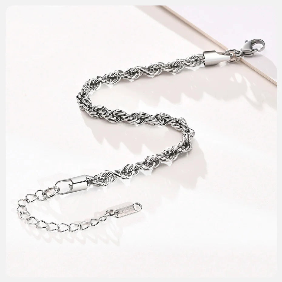 Vnox Unisex Rope Chain Bracelets for Men Women, Stainless Steel Twisted Links Chain Bracelet,Simple Classic Jewelry Gift for Him