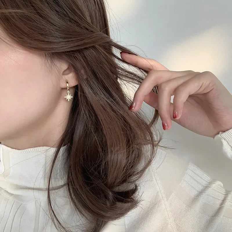 Minimalist Crystal Zirconia Stars Moon Huggie Hoop Earrings For Women Trendy Stainless Steel Circle Earrings Punk Rock Jewelry