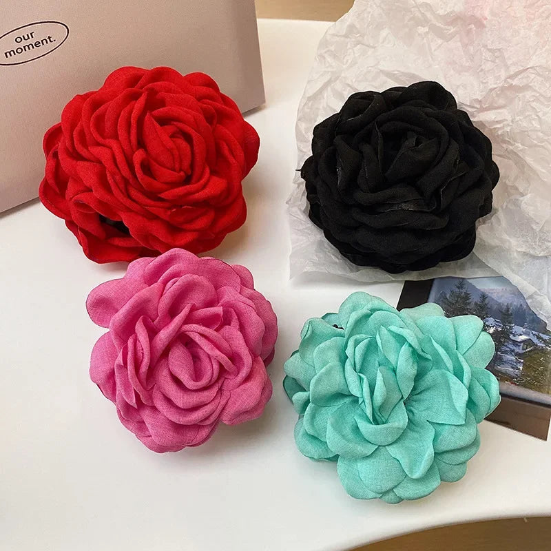 Korean Fabric Rose Flower Hair Claw Clip Women Girls Fashion Barrettes Plastic Hair Grab Clamp Headwear Hair Accessories