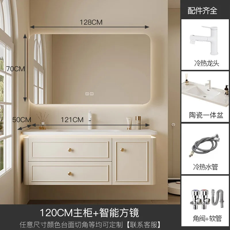 Modern Bathroom Cabinet Corian Integrated Ceramic Basin Oak Painted Cabinet French Premium Toilet Hand Wash Basin Combination