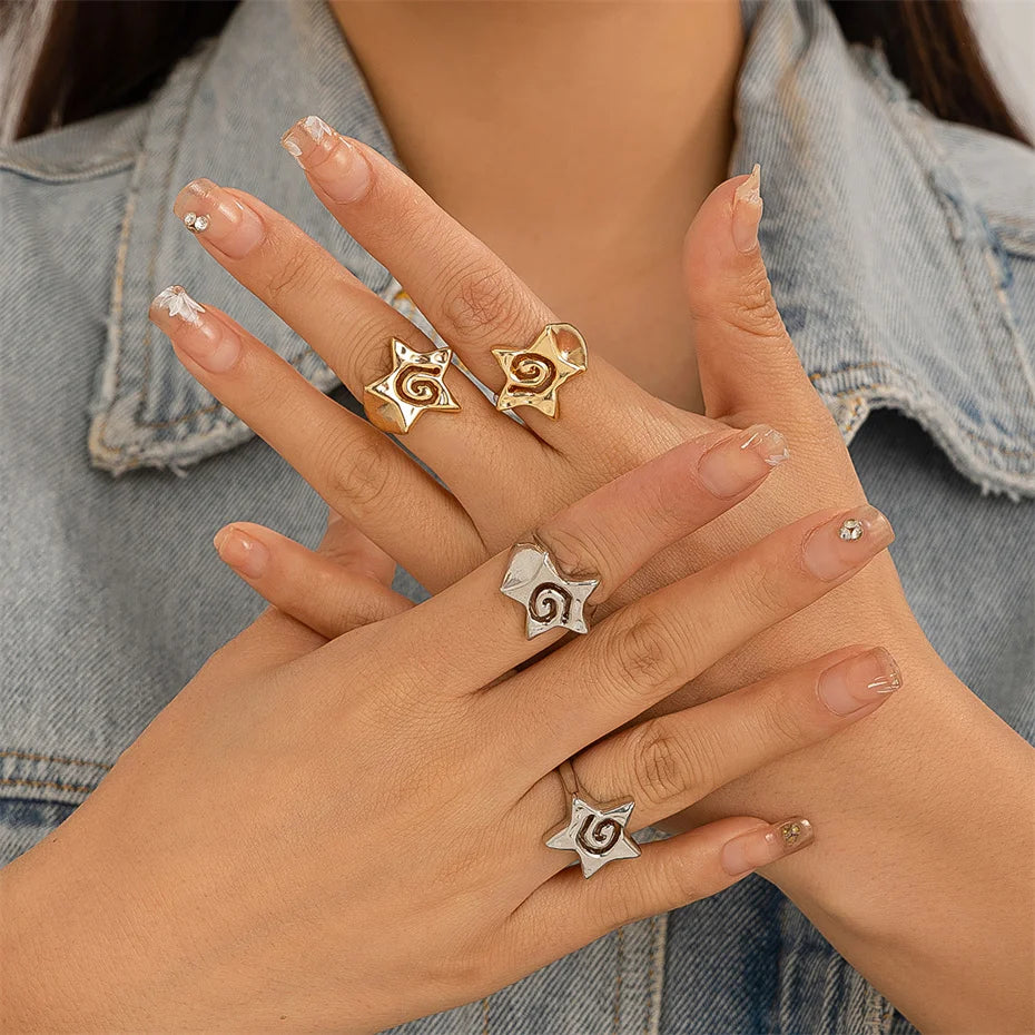 Ingemark 2Pcs/Set Vintage Punk Irregular Hollow Star Metal Open Rings for Women Gothic Adjustable Couple Rings Y2K Wed Jewelry