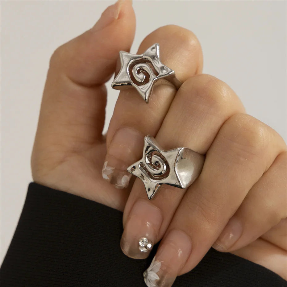 Ingemark 2Pcs/Set Vintage Punk Irregular Hollow Star Metal Open Rings for Women Gothic Adjustable Couple Rings Y2K Wed Jewelry