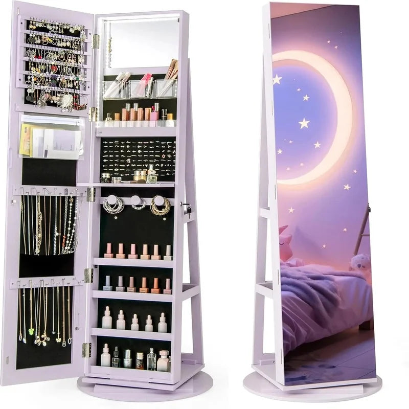 Jewelry Armoire with Full Length Mirror, 63.5" H, 360° Swivel, Rear Storage Shelves