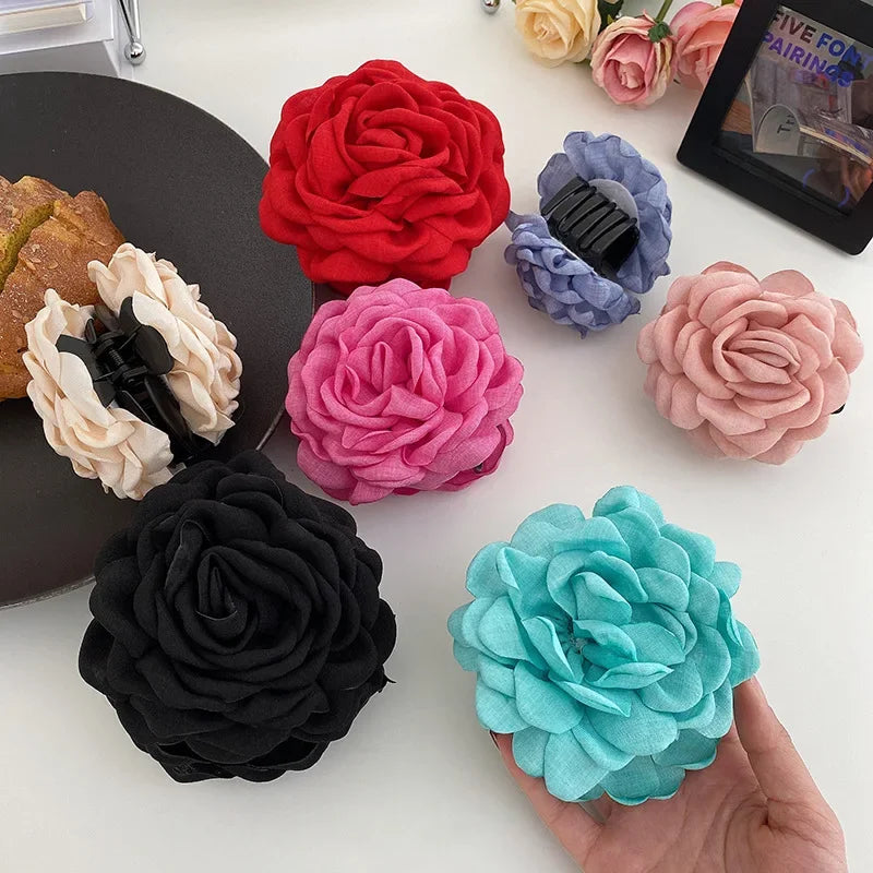 Korean Fabric Rose Flower Hair Claw Clip Women Girls Fashion Barrettes Plastic Hair Grab Clamp Headwear Hair Accessories
