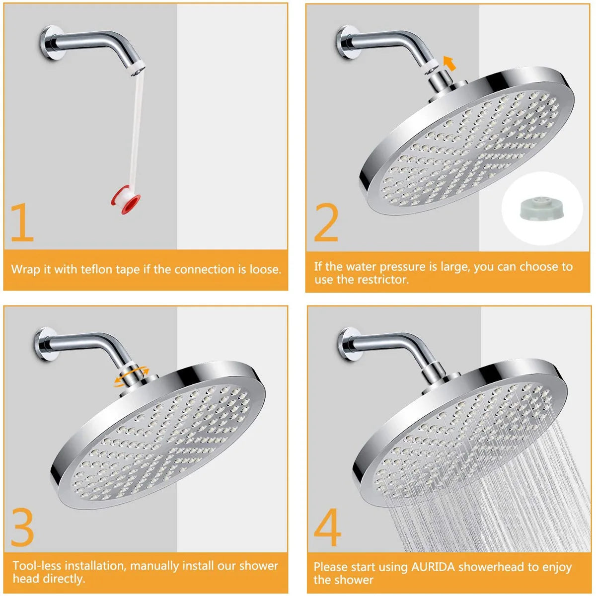New 6 inches High Pressure Rain Shower Head with Arm 1min Installation Polished Chrome Rainfall Showerhead Anti-Clogging Nozzles