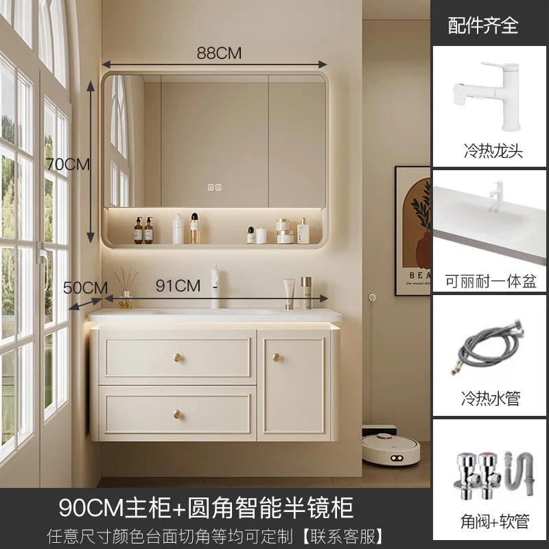 Modern Bathroom Cabinet Corian Integrated Ceramic Basin Oak Painted Cabinet French Premium Toilet Hand Wash Basin Combination