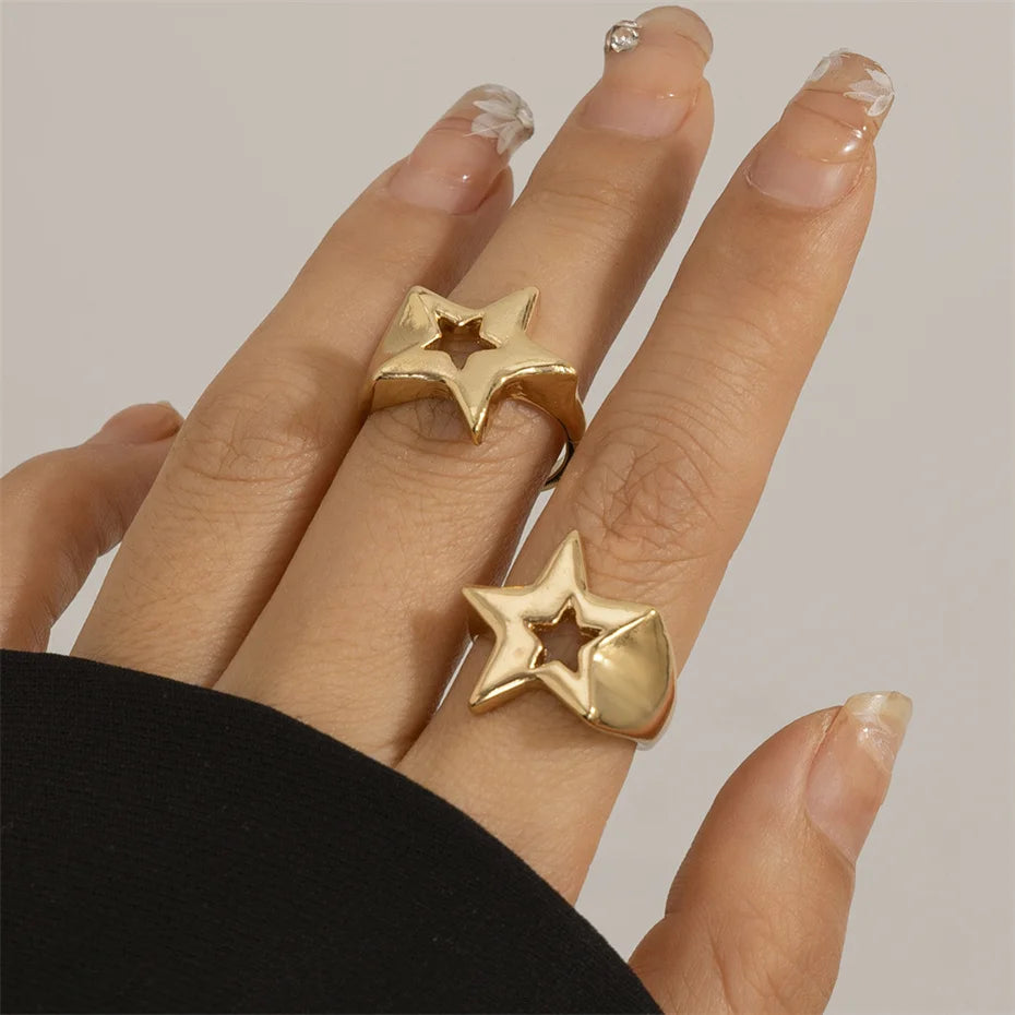 Ingemark 2Pcs/Set Vintage Punk Irregular Hollow Star Metal Open Rings for Women Gothic Adjustable Couple Rings Y2K Wed Jewelry