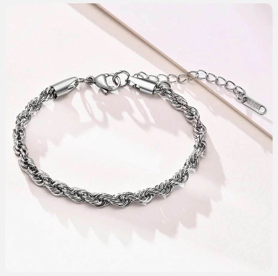 Vnox Unisex Rope Chain Bracelets for Men Women, Stainless Steel Twisted Links Chain Bracelet,Simple Classic Jewelry Gift for Him