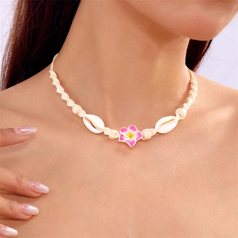 Bohemia Sea Shell Choker Necklace For Women Fashion Summer Sweet Flower Pendant Hand-woven Rope Neck Chain Jewelry Accessory