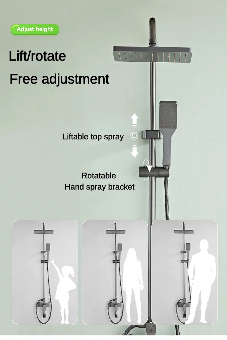Grey Bathroom Shower Set Space Aluminum Three-function Wall Mounted Rotatable Faucets Rainfall Pressurized Shower Systerm