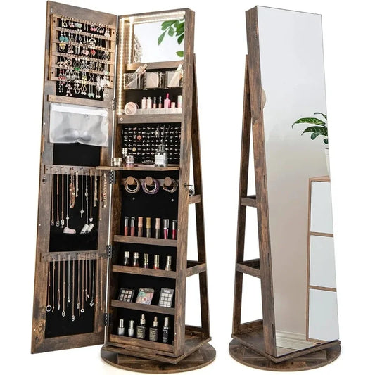 Jewelry Armoire with Full Length Mirror, 63.5" H, 360° Swivel, Rear Storage Shelves