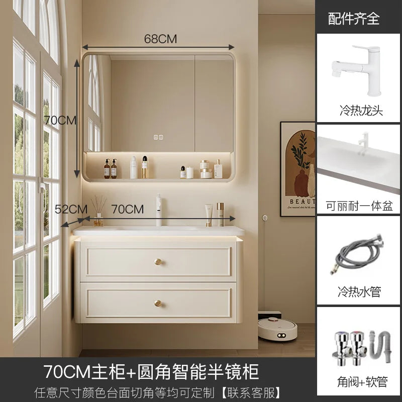 Modern Bathroom Cabinet Corian Integrated Ceramic Basin Oak Painted Cabinet French Premium Toilet Hand Wash Basin Combination