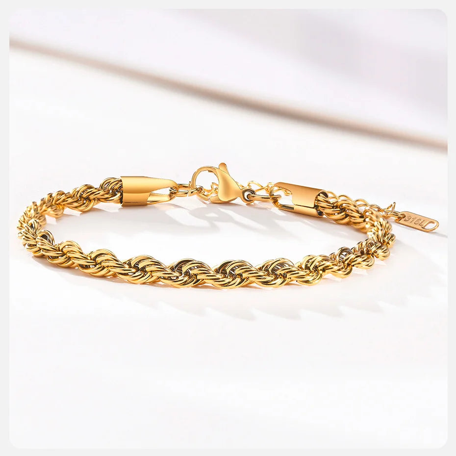 Vnox Unisex Rope Chain Bracelets for Men Women, Stainless Steel Twisted Links Chain Bracelet,Simple Classic Jewelry Gift for Him