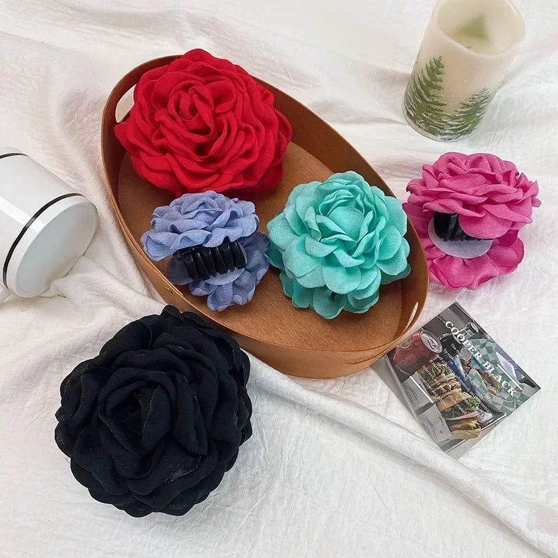 Korean Fabric Rose Flower Hair Claw Clip Women Girls Fashion Barrettes Plastic Hair Grab Clamp Headwear Hair Accessories