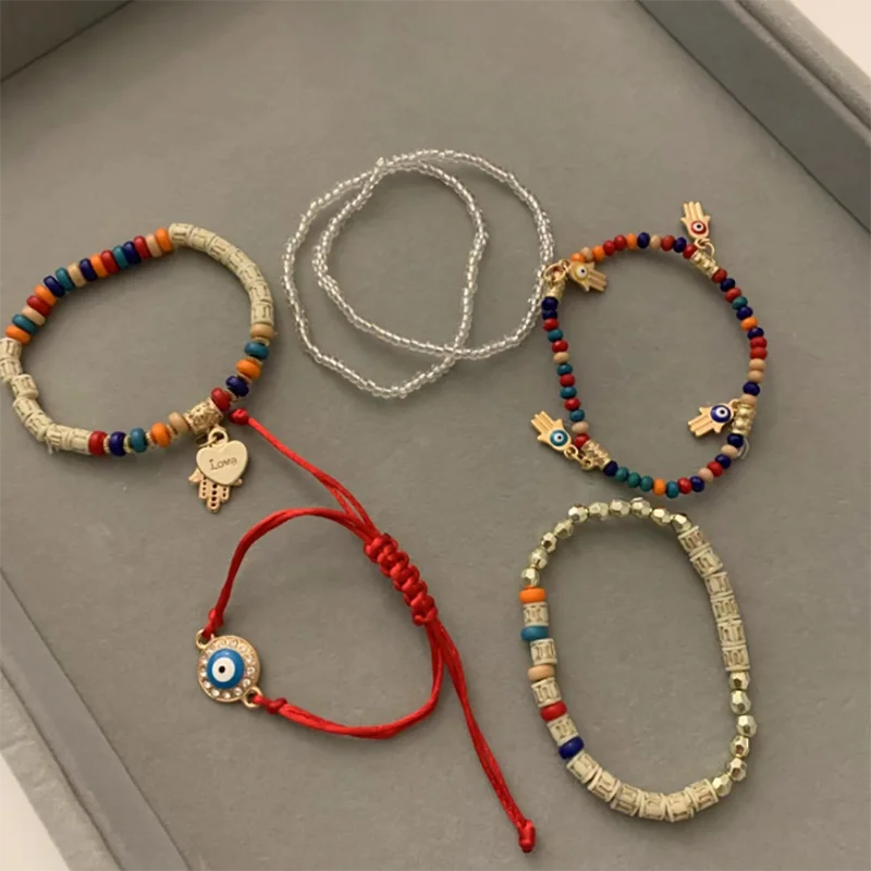 Vintage Bohemia Multilayer Elastic Beaded Bracelets Set For Women Evil Eye Beads Combination Handmade Bracelet  Jewelry Gift