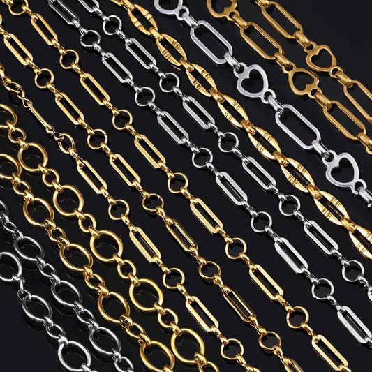 1meter Flat Geometric Heart Round Square Design Necklaces Chain Stainless Steel Link Chains DIY Bracelets Jewelry Making Chains