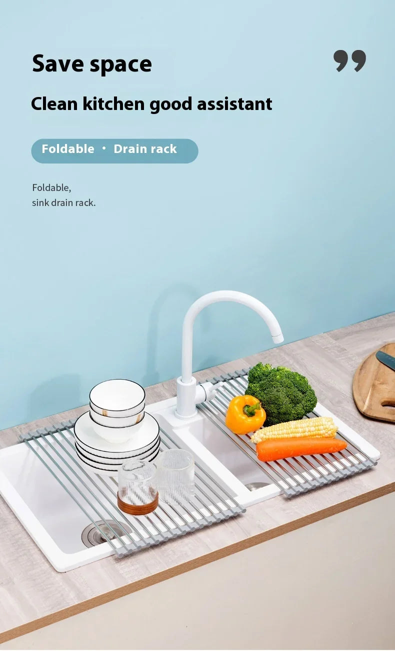 ZEXEF Roll Up Dish Drainer Shelf Stainless Steel Sink Drying Holder Foldable Food Rack Vegetable Washing Stand Kitchen Organizer