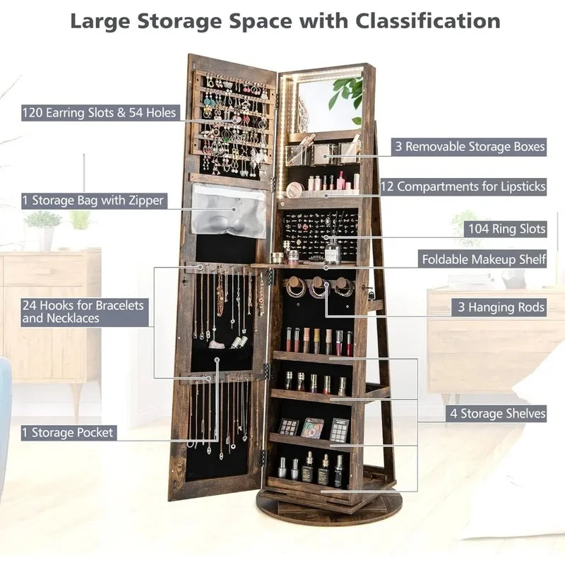 Jewelry Armoire with Full Length Mirror, 63.5" H, 360° Swivel, Rear Storage Shelves