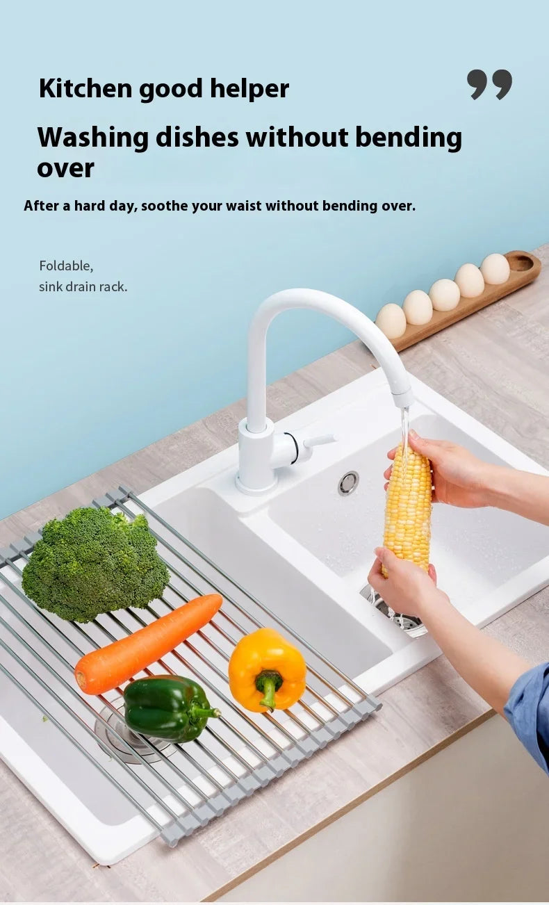 ZEXEF Roll Up Dish Drainer Shelf Stainless Steel Sink Drying Holder Foldable Food Rack Vegetable Washing Stand Kitchen Organizer