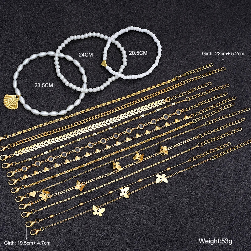 15pcs Bohemian Elegant Gold Color Anklets Set Shell Pearl Butterfly Heart Charms Multi-Layer Fashion Jewelry For Women Summer