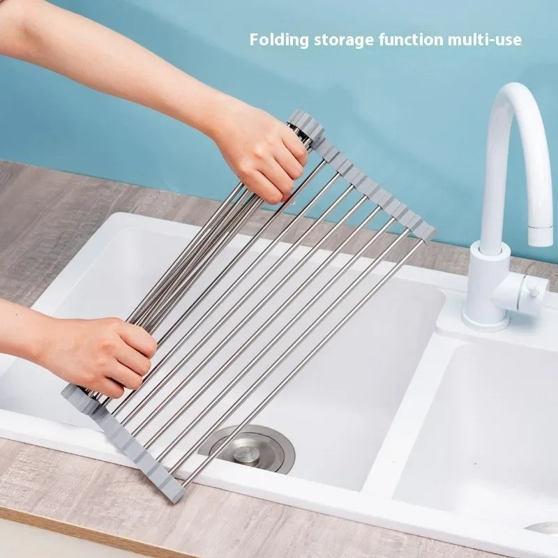 ZEXEF Roll Up Dish Drainer Shelf Stainless Steel Sink Drying Holder Foldable Food Rack Vegetable Washing Stand Kitchen Organizer
