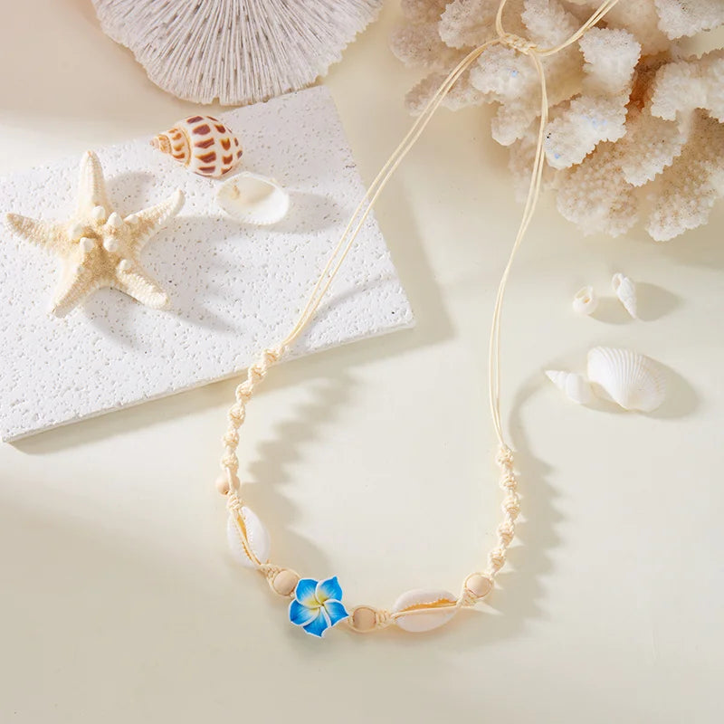 Bohemia Sea Shell Choker Necklace For Women Fashion Summer Sweet Flower Pendant Hand-woven Rope Neck Chain Jewelry Accessory