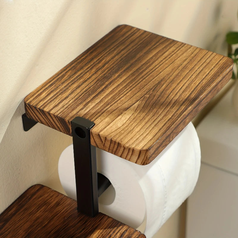 1 Wooden Wall Mounted Toilet Paper Holder Hanging Tissue Roll Dispenser, Iron Tissue Holder Bathroom Accessories