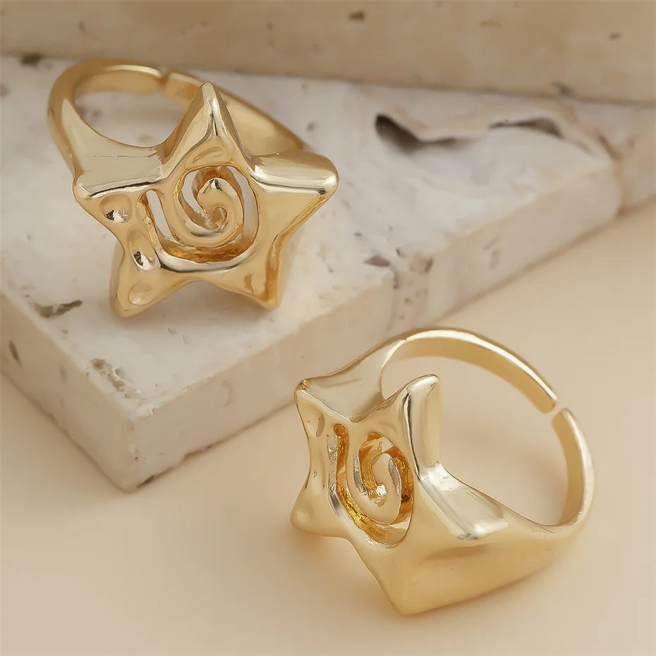 Ingemark 2Pcs/Set Vintage Punk Irregular Hollow Star Metal Open Rings for Women Gothic Adjustable Couple Rings Y2K Wed Jewelry