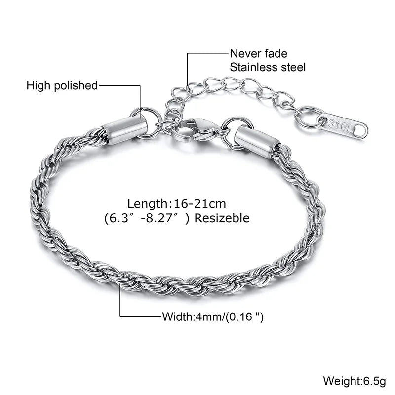 Vnox Unisex Rope Chain Bracelets for Men Women, Stainless Steel Twisted Links Chain Bracelet,Simple Classic Jewelry Gift for Him