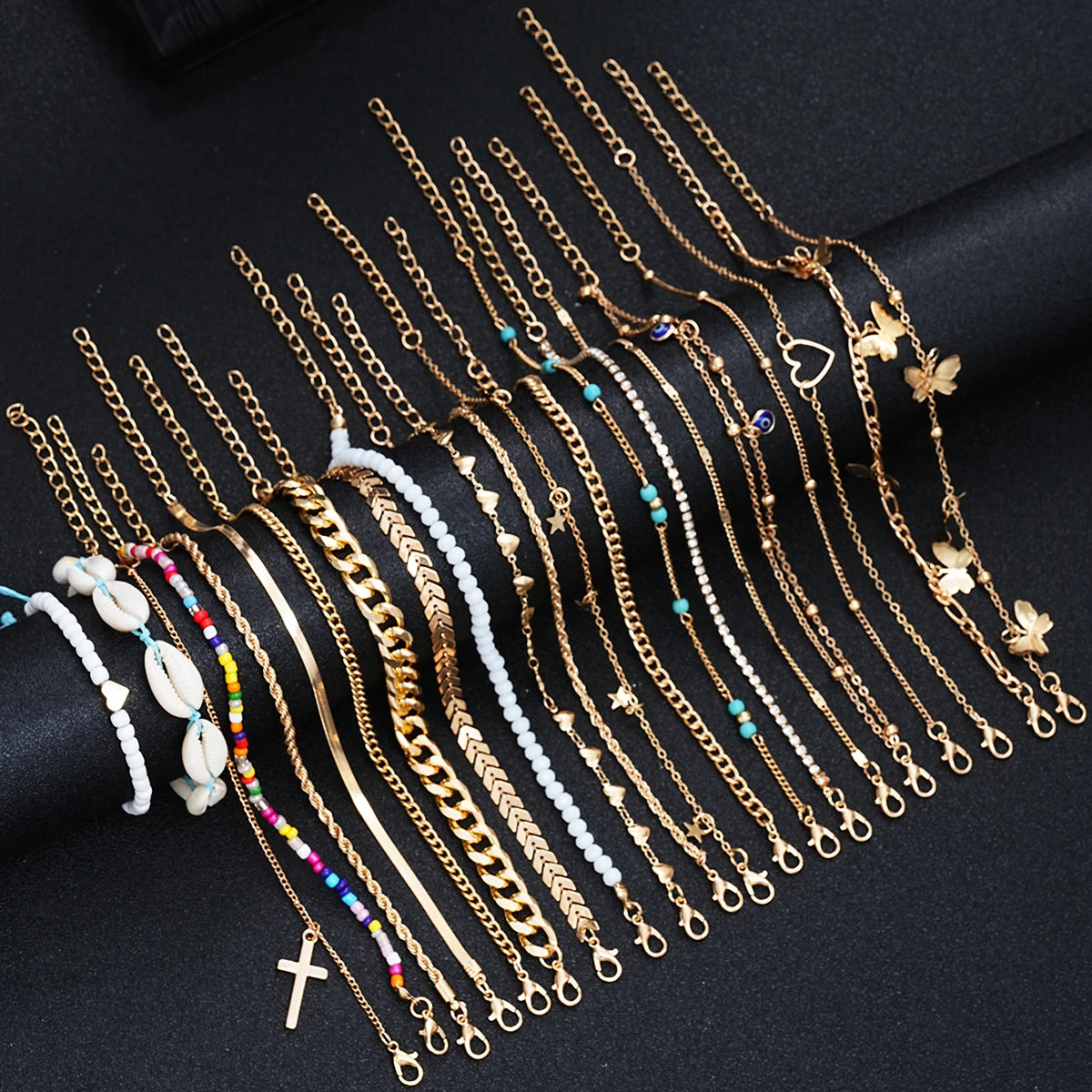15pcs Bohemian Elegant Gold Color Anklets Set Shell Pearl Butterfly Heart Charms Multi-Layer Fashion Jewelry For Women Summer