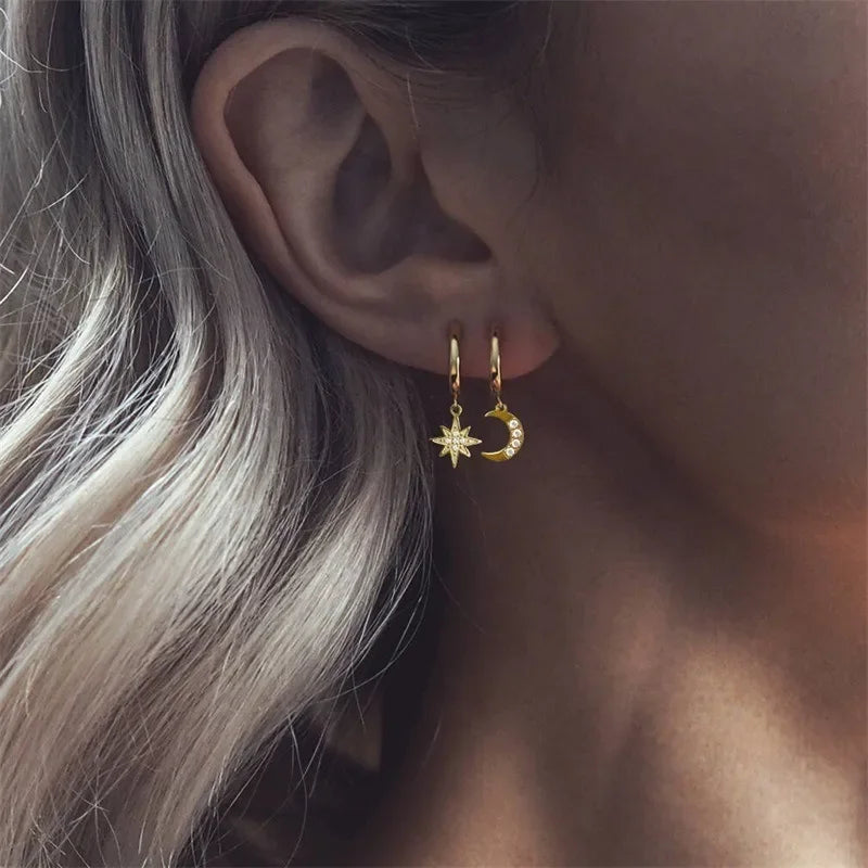 Minimalist Crystal Zirconia Stars Moon Huggie Hoop Earrings For Women Trendy Stainless Steel Circle Earrings Punk Rock Jewelry