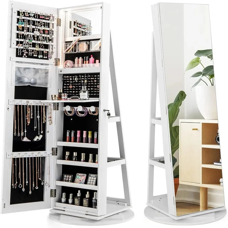 Jewelry Armoire with Full Length Mirror, 63.5" H, 360° Swivel, Rear Storage Shelves