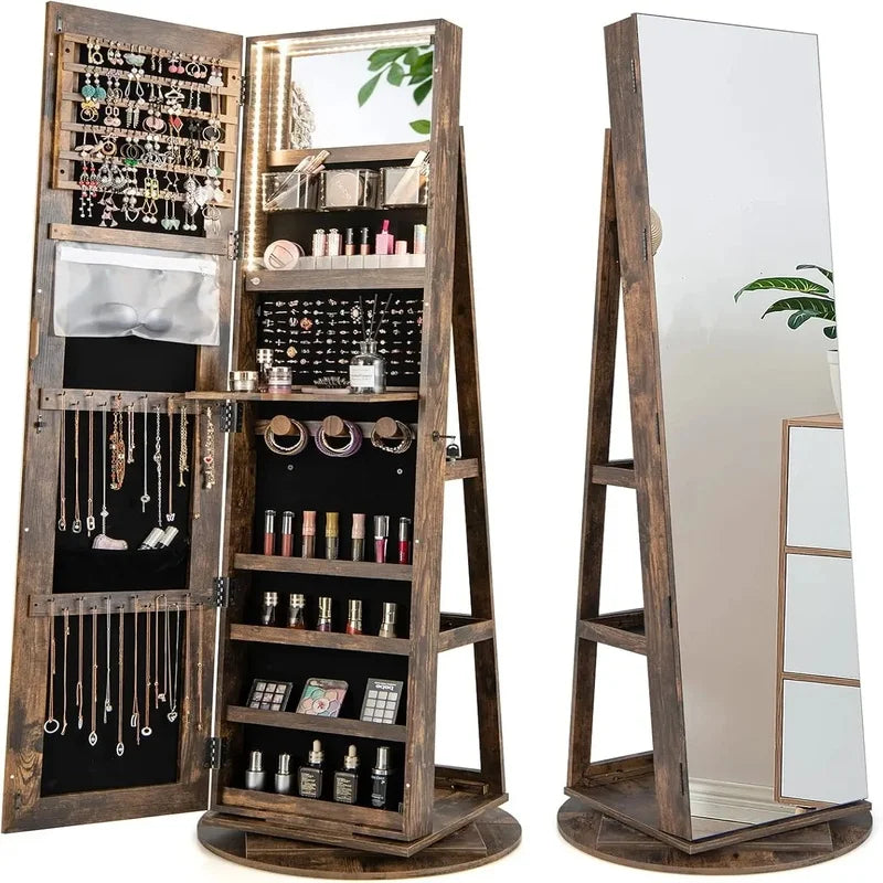 Jewelry Armoire with Full Length Mirror, 63.5" H, 360° Swivel, Rear Storage Shelves