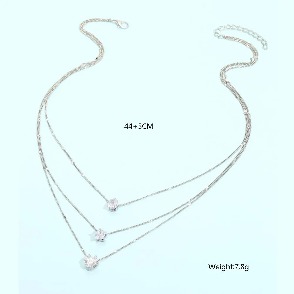 Crystal Zircon Heart Star Charm Layered Pendant Necklace Set for Women Charms Fashion Square Rhinestone Female Vintage Jewelry