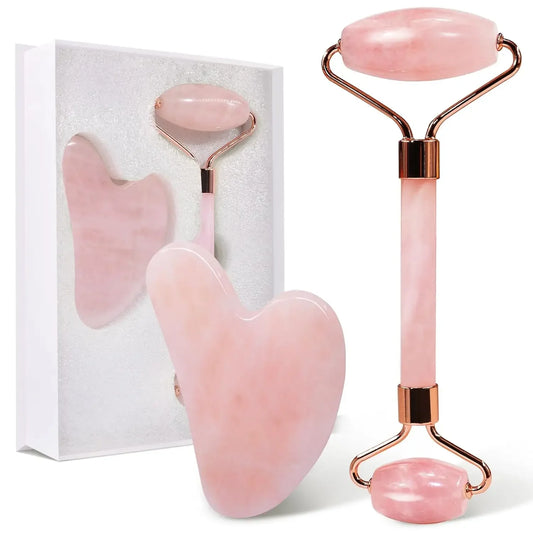 Green Natural Jade Roller Gua Sha Set Facial Body Massager Roller Face Lifting Beauty Massage Tools Rose Glass Quartz Massager