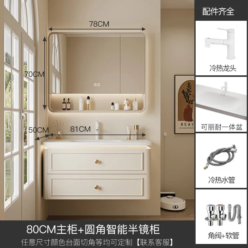 Modern Bathroom Cabinet Corian Integrated Ceramic Basin Oak Painted Cabinet French Premium Toilet Hand Wash Basin Combination