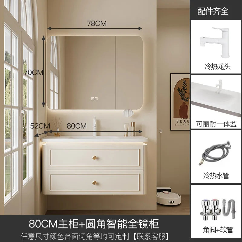 Modern Bathroom Cabinet Corian Integrated Ceramic Basin Oak Painted Cabinet French Premium Toilet Hand Wash Basin Combination