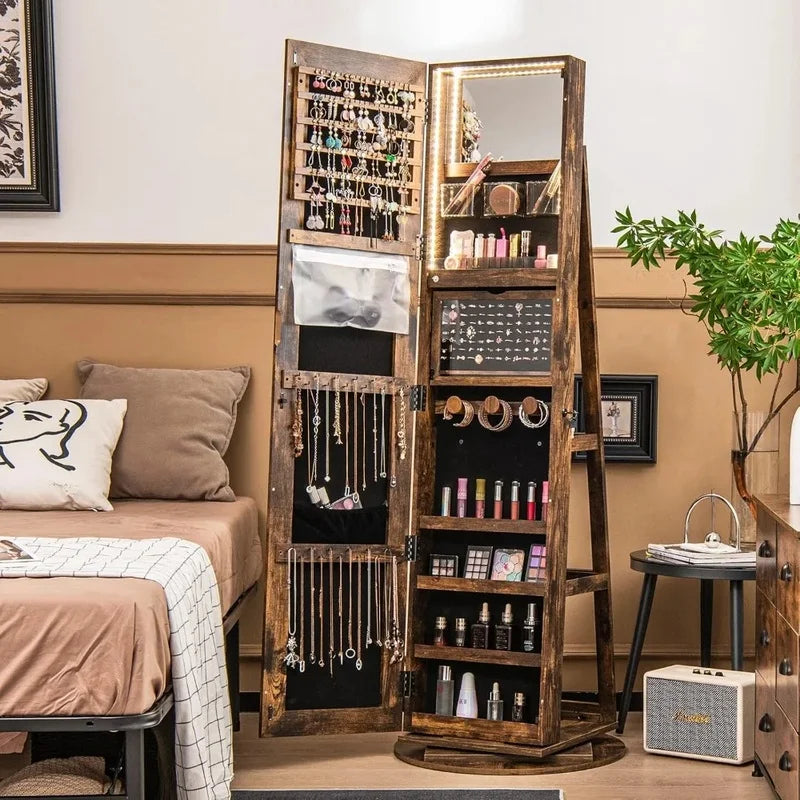Jewelry Armoire with Full Length Mirror, 63.5" H, 360° Swivel, Rear Storage Shelves