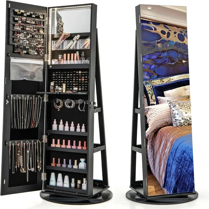 Jewelry Armoire with Full Length Mirror, 63.5" H, 360° Swivel, Rear Storage Shelves